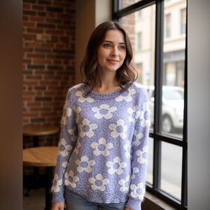 Blue and White Crew Neck Floral Sweater